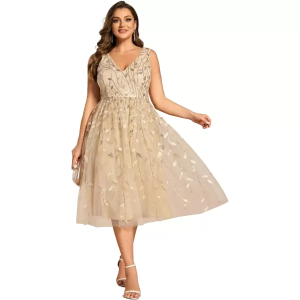 imageEverPretty A Line V Neck Sleeveless Sequin Plus Size Tulle Midi Length Wedding Guest Dresses for Curvy Women 02106DAGold