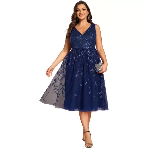 imageEverPretty A Line V Neck Sleeveless Sequin Plus Size Tulle Midi Length Wedding Guest Dresses for Curvy Women 02106DANavy Blue