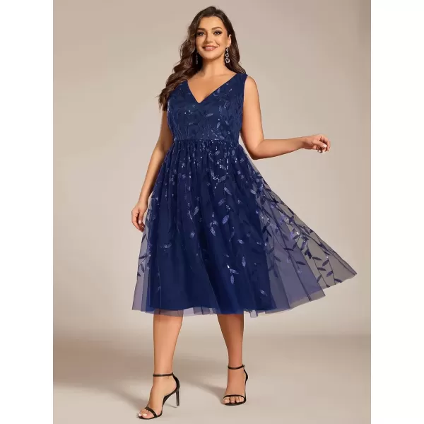 imageEverPretty A Line V Neck Sleeveless Sequin Plus Size Tulle Midi Length Wedding Guest Dresses for Curvy Women 02106DANavy Blue