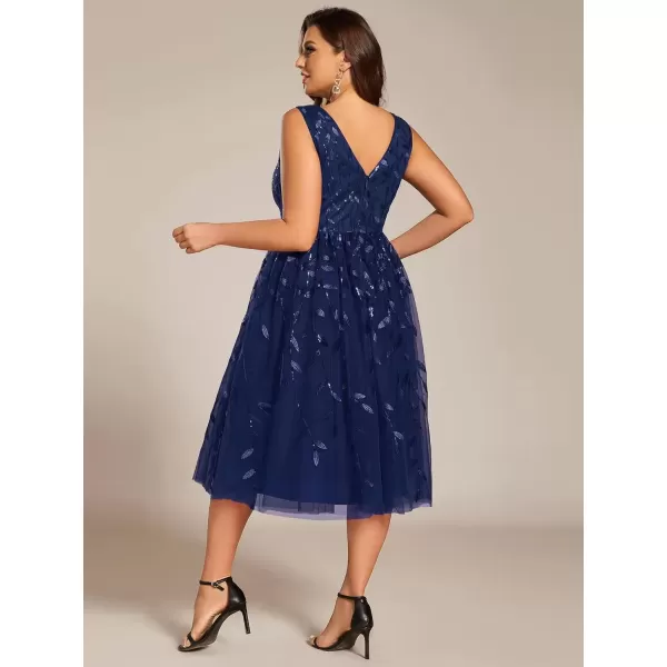 imageEverPretty A Line V Neck Sleeveless Sequin Plus Size Tulle Midi Length Wedding Guest Dresses for Curvy Women 02106DANavy Blue