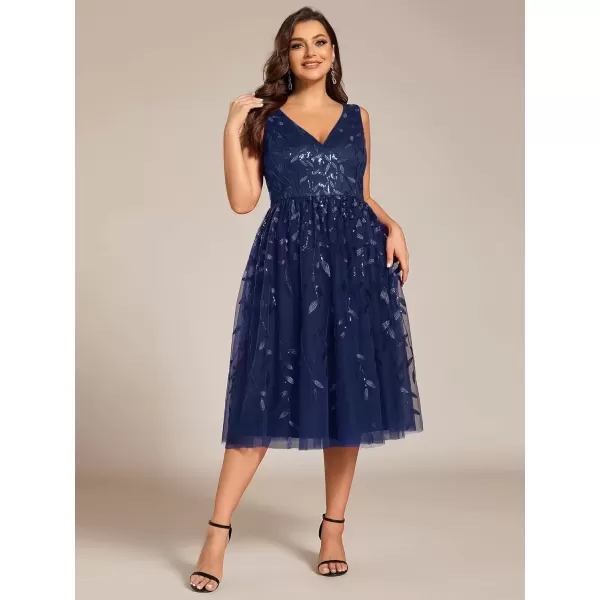 imageEverPretty A Line V Neck Sleeveless Sequin Plus Size Tulle Midi Length Wedding Guest Dresses for Curvy Women 02106DANavy Blue