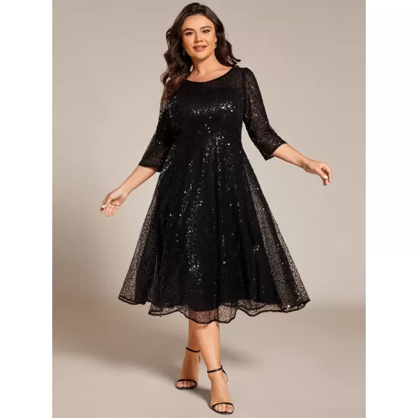 imageEverPretty Womens Fall Winter 34 Sleeves Sequin A Line Plus Size Midi Semi Formal Dresses Wedding Guest Dresses 02241DABlack