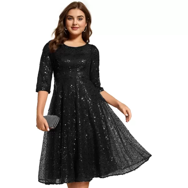 imageEverPretty Womens Fall Winter 34 Sleeves Sequin A Line Plus Size Midi Semi Formal Dresses Wedding Guest Dresses 02241DABlack