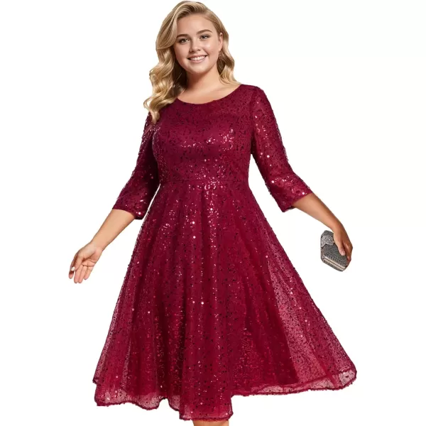 imageEverPretty Womens Fall Winter 34 Sleeves Sequin A Line Plus Size Midi Semi Formal Dresses Wedding Guest Dresses 02241DABurgundy