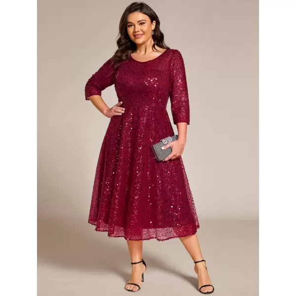 imageEverPretty Womens Fall Winter 34 Sleeves Sequin A Line Plus Size Midi Semi Formal Dresses Wedding Guest Dresses 02241DABurgundy