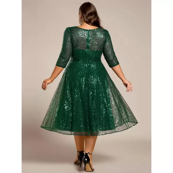 imageEverPretty Womens Fall Winter 34 Sleeves Sequin A Line Plus Size Midi Semi Formal Dresses Wedding Guest Dresses 02241DADark Green