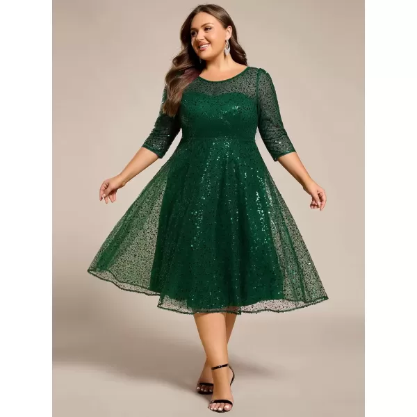 imageEverPretty Womens Fall Winter 34 Sleeves Sequin A Line Plus Size Midi Semi Formal Dresses Wedding Guest Dresses 02241DADark Green