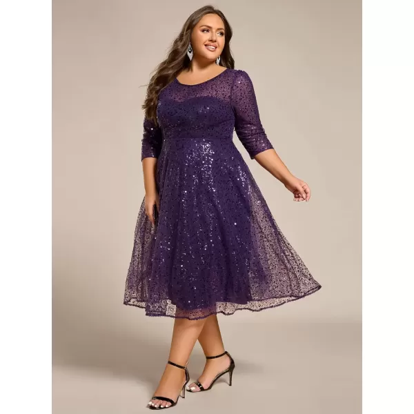 imageEverPretty Womens Fall Winter 34 Sleeves Sequin A Line Plus Size Midi Semi Formal Dresses Wedding Guest Dresses 02241DADark Purple