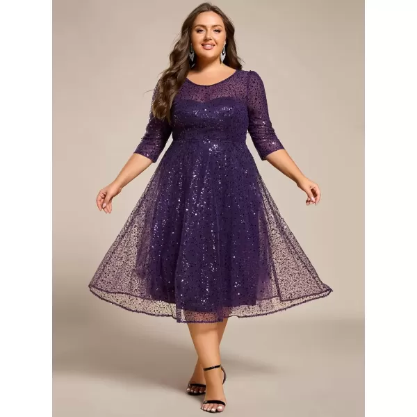 imageEverPretty Womens Fall Winter 34 Sleeves Sequin A Line Plus Size Midi Semi Formal Dresses Wedding Guest Dresses 02241DADark Purple