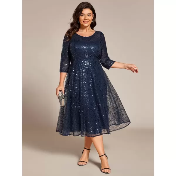 imageEverPretty Womens Fall Winter 34 Sleeves Sequin A Line Plus Size Midi Semi Formal Dresses Wedding Guest Dresses 02241DANavy Blue