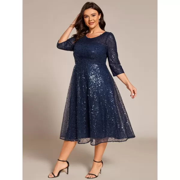 imageEverPretty Womens Fall Winter 34 Sleeves Sequin A Line Plus Size Midi Semi Formal Dresses Wedding Guest Dresses 02241DANavy Blue