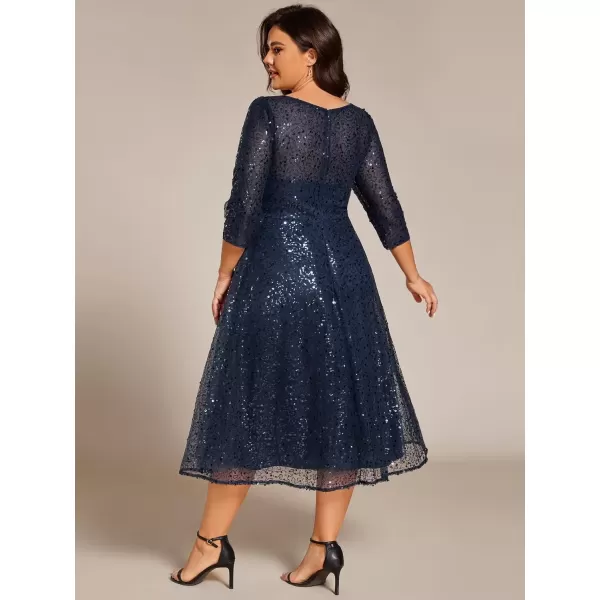 imageEverPretty Womens Fall Winter 34 Sleeves Sequin A Line Plus Size Midi Semi Formal Dresses Wedding Guest Dresses 02241DANavy Blue