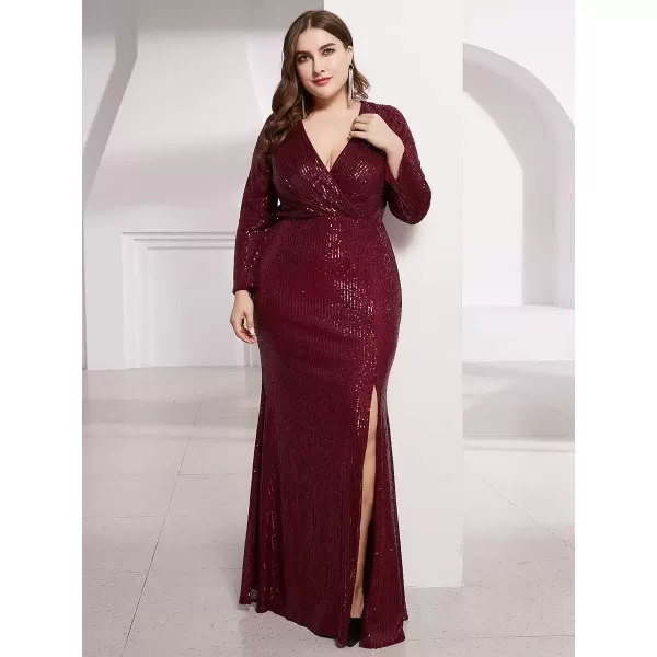 imageEverPretty Womens Plus Size Long Sleeve Slit Sequin Maxi Evening Dresses 0824PZUSABurgundy