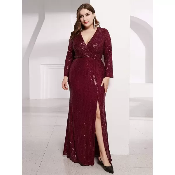 imageEverPretty Womens Plus Size Long Sleeve Slit Sequin Maxi Evening Dresses 0824PZUSABurgundy