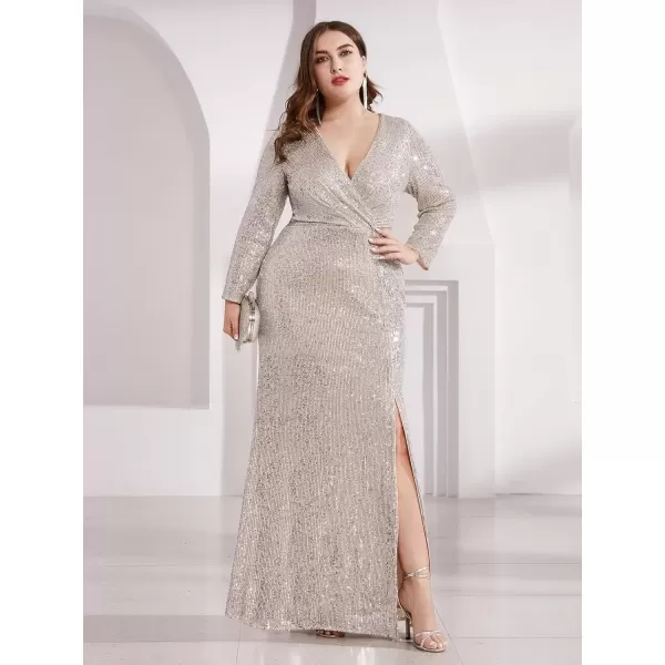 imageEverPretty Womens Plus Size Long Sleeve Slit Sequin Maxi Evening Dresses 0824PZUSAChampagne