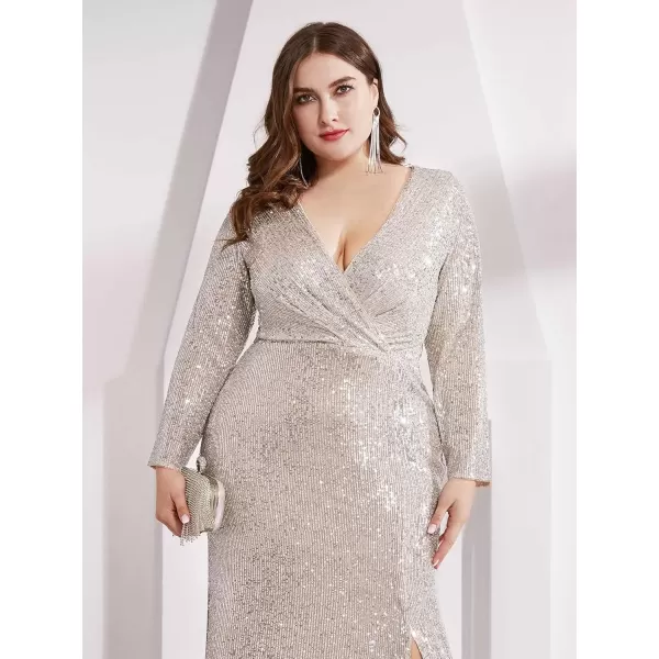 imageEverPretty Womens Plus Size Long Sleeve Slit Sequin Maxi Evening Dresses 0824PZUSAChampagne