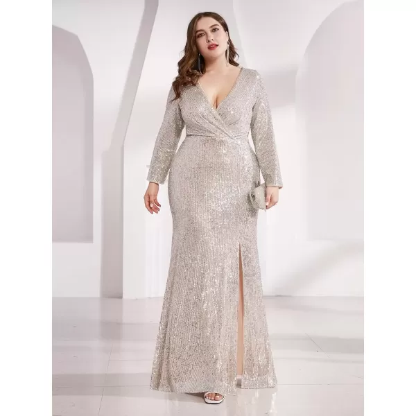 imageEverPretty Womens Plus Size Long Sleeve Slit Sequin Maxi Evening Dresses 0824PZUSAChampagne