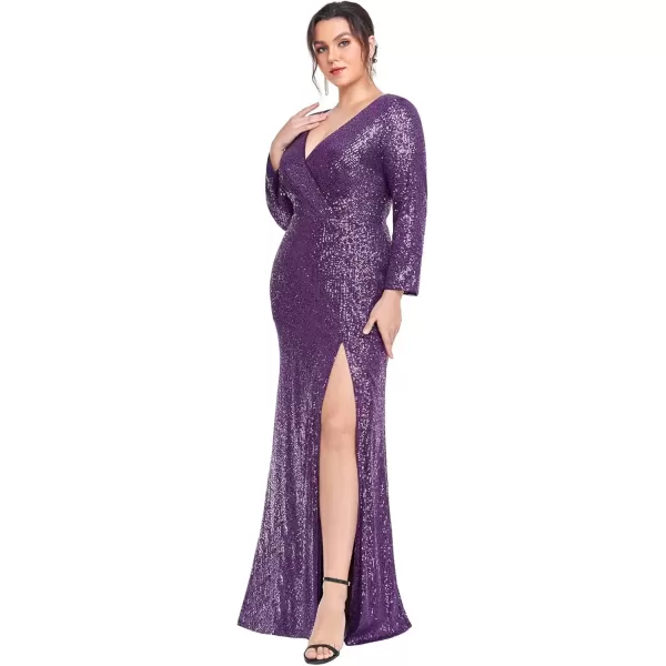 imageEverPretty Womens Plus Size Long Sleeve Slit Sequin Maxi Evening Dresses 0824PZUSADark Purple