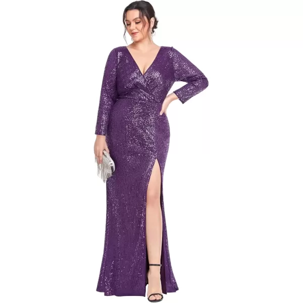 imageEverPretty Womens Plus Size Long Sleeve Slit Sequin Maxi Evening Dresses 0824PZUSADark Purple