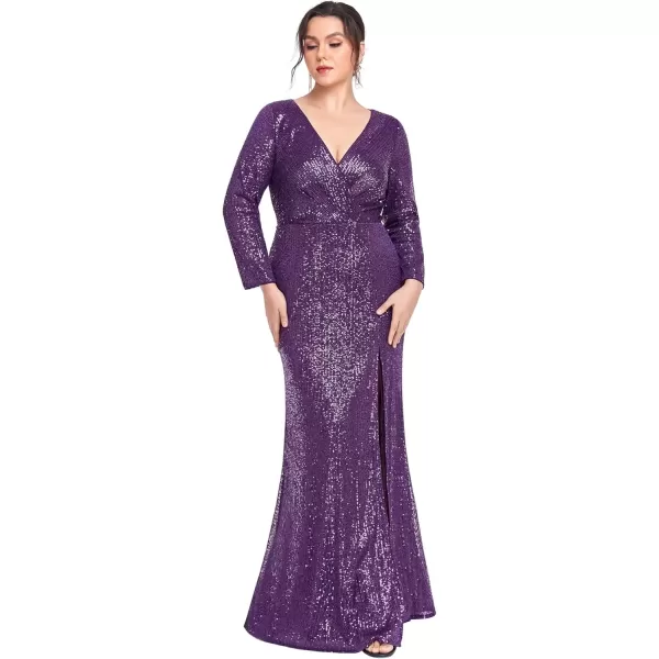 imageEverPretty Womens Plus Size Long Sleeve Slit Sequin Maxi Evening Dresses 0824PZUSADark Purple