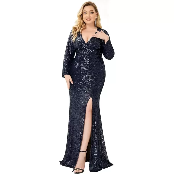 imageEverPretty Womens Plus Size Long Sleeve Slit Sequin Maxi Evening Dresses 0824PZUSANavy Blue