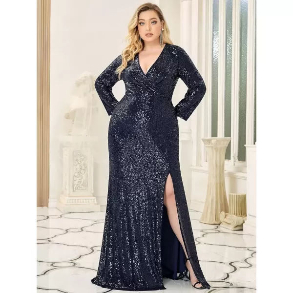 imageEverPretty Womens Plus Size Long Sleeve Slit Sequin Maxi Evening Dresses 0824PZUSANavy Blue