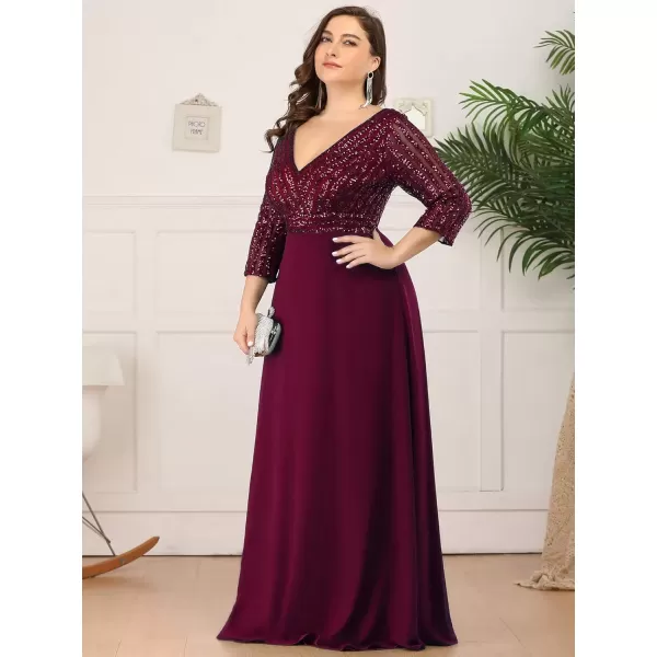 imageEverPretty Womens Plus Size VNeck Sparkle Sequins Chiffon 34 Sleevess Formal Dresses 0751PZBurgundy