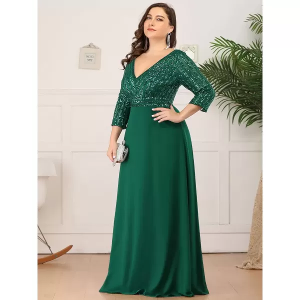 imageEverPretty Womens Plus Size VNeck Sparkle Sequins Chiffon 34 Sleevess Formal Dresses 0751PZDark Green