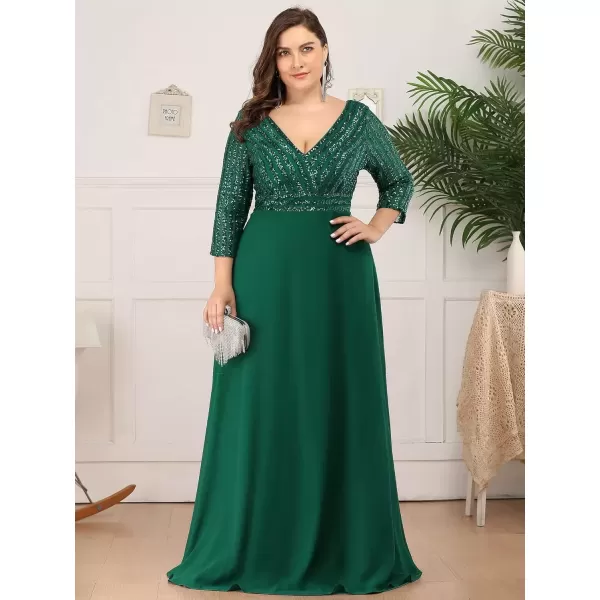 imageEverPretty Womens Plus Size VNeck Sparkle Sequins Chiffon 34 Sleevess Formal Dresses 0751PZDark Green