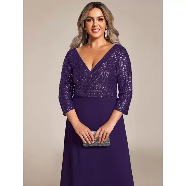 imageEverPretty Womens Plus Size VNeck Sparkle Sequins Chiffon 34 Sleevess Formal Dresses 0751PZDeep Purple