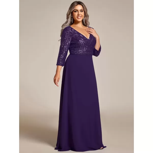 imageEverPretty Womens Plus Size VNeck Sparkle Sequins Chiffon 34 Sleevess Formal Dresses 0751PZDeep Purple