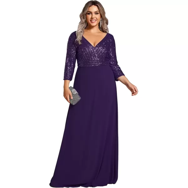 imageEverPretty Womens Plus Size VNeck Sparkle Sequins Chiffon 34 Sleevess Formal Dresses 0751PZDeep Purple