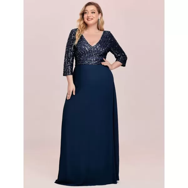 imageEverPretty Womens Plus Size VNeck Sparkle Sequins Chiffon 34 Sleevess Formal Dresses 0751PZNavy Blue