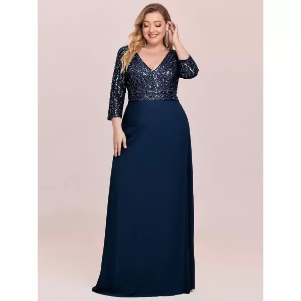 imageEverPretty Womens Plus Size VNeck Sparkle Sequins Chiffon 34 Sleevess Formal Dresses 0751PZNavy Blue