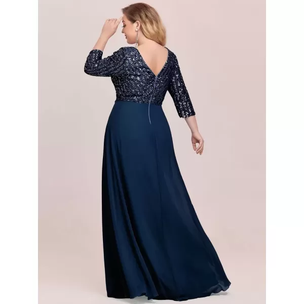 imageEverPretty Womens Plus Size VNeck Sparkle Sequins Chiffon 34 Sleevess Formal Dresses 0751PZNavy Blue