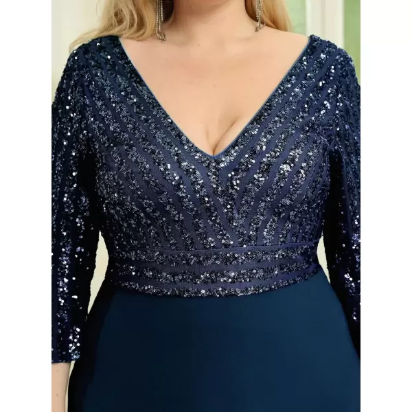 imageEverPretty Womens Plus Size VNeck Sparkle Sequins Chiffon 34 Sleevess Formal Dresses 0751PZNavy Blue