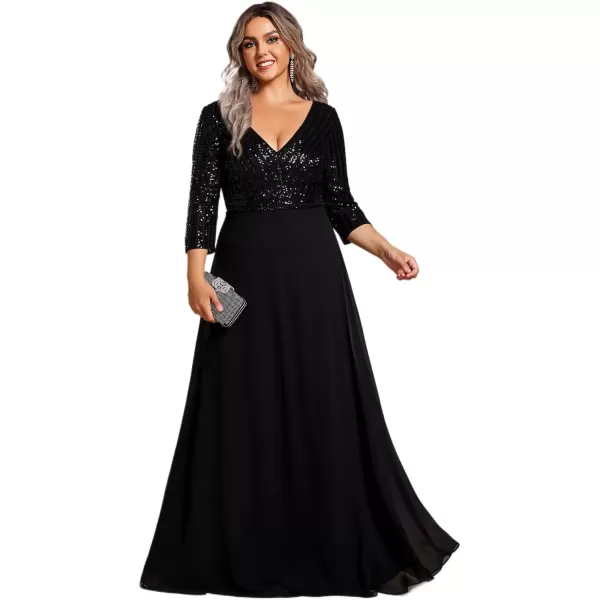 imageEverPretty Womens Plus Size VNeck Sparkle Sequins Chiffon 34 Sleevess Formal Dresses Black1 US18