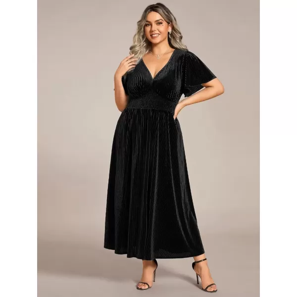 imageEverPretty Womens Ruched V Neck Ruffed Sleeve Velvet Plus Size Fall Formal Wedding Guest Dress Cocktail Dress 01939DABlack