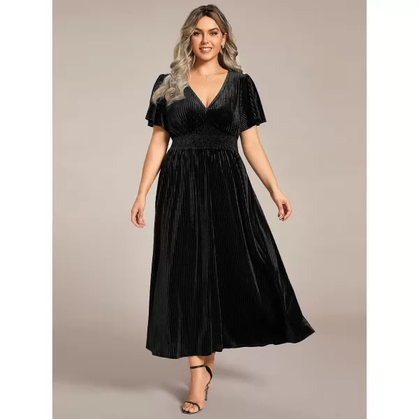 imageEverPretty Womens Ruched V Neck Ruffed Sleeve Velvet Plus Size Fall Formal Wedding Guest Dress Cocktail Dress 01939DABlack