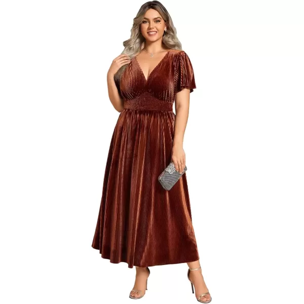 imageEverPretty Womens Ruched V Neck Ruffed Sleeve Velvet Plus Size Fall Formal Wedding Guest Dress Cocktail Dress 01939DACamel