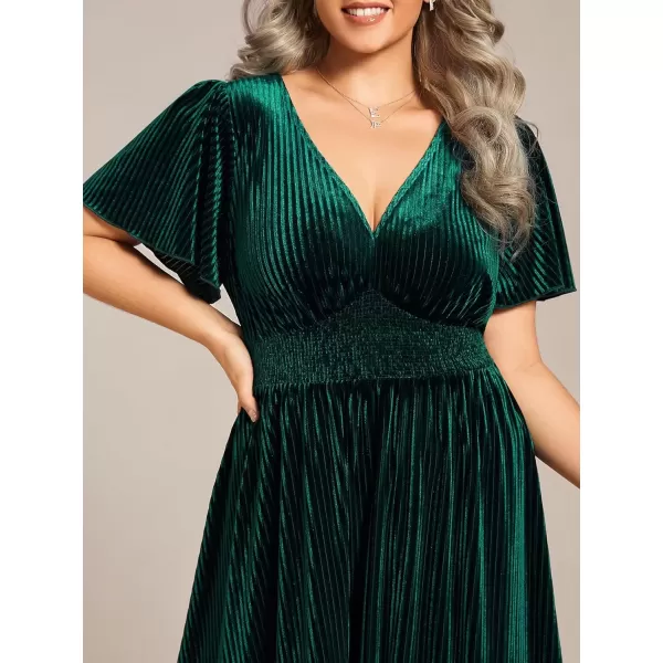 imageEverPretty Womens Ruched V Neck Ruffed Sleeve Velvet Plus Size Fall Formal Wedding Guest Dress Cocktail Dress 01939DADeep Green