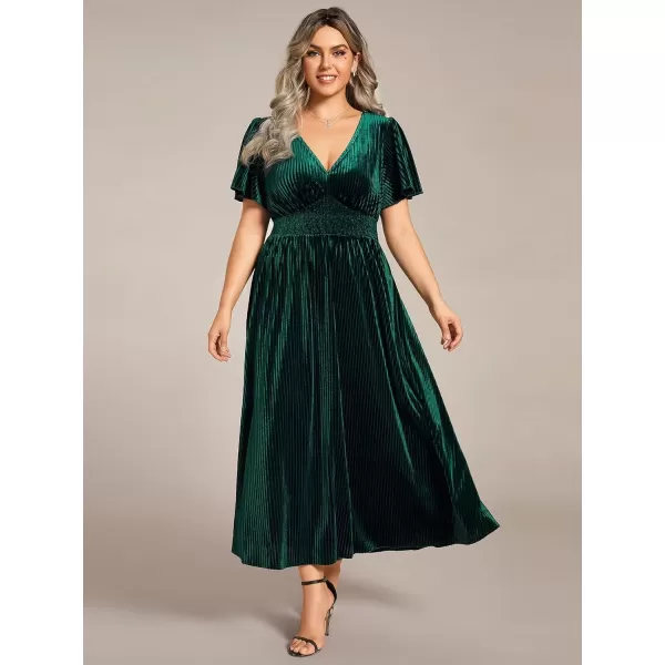 imageEverPretty Womens Ruched V Neck Ruffed Sleeve Velvet Plus Size Fall Formal Wedding Guest Dress Cocktail Dress 01939DADeep Green