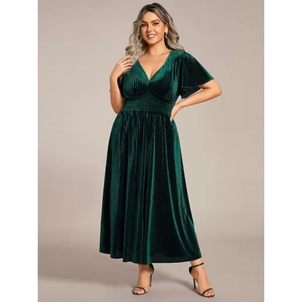 imageEverPretty Womens Ruched V Neck Ruffed Sleeve Velvet Plus Size Fall Formal Wedding Guest Dress Cocktail Dress 01939DADeep Green