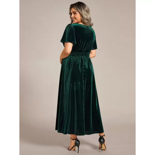 imageEverPretty Womens Ruched V Neck Ruffed Sleeve Velvet Plus Size Fall Formal Wedding Guest Dress Cocktail Dress 01939DADeep Green