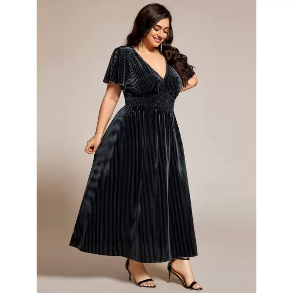 imageEverPretty Womens Ruched V Neck Ruffed Sleeve Velvet Plus Size Fall Formal Wedding Guest Dress Cocktail Dress 01939DAGrey Blue