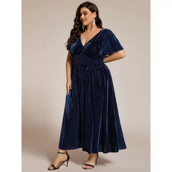 imageEverPretty Womens Ruched V Neck Ruffed Sleeve Velvet Plus Size Fall Formal Wedding Guest Dress Cocktail Dress 01939DANavy Blue