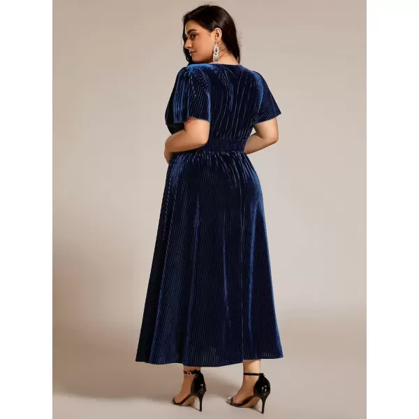 imageEverPretty Womens Ruched V Neck Ruffed Sleeve Velvet Plus Size Fall Formal Wedding Guest Dress Cocktail Dress 01939DANavy Blue