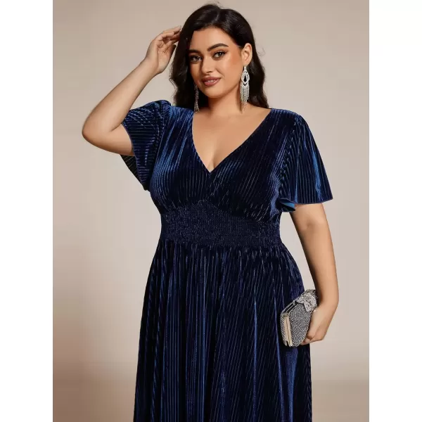 imageEverPretty Womens Ruched V Neck Ruffed Sleeve Velvet Plus Size Fall Formal Wedding Guest Dress Cocktail Dress 01939DANavy Blue