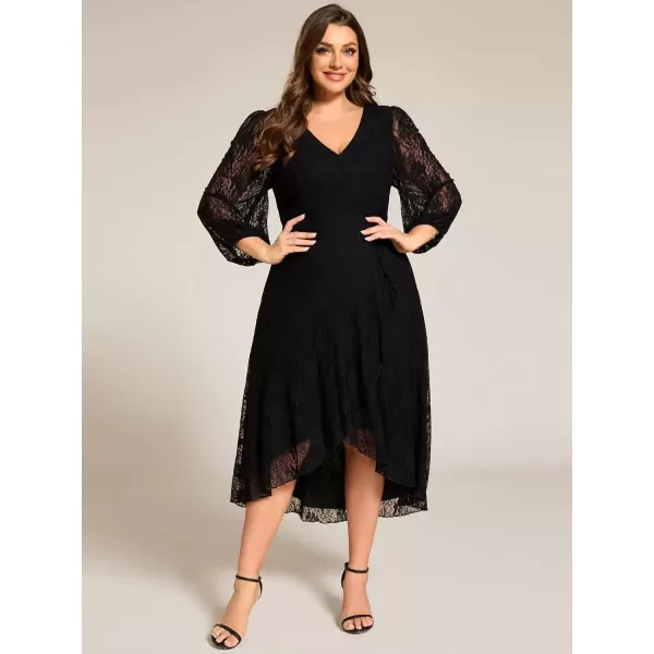 imageEverPretty Womens V Neck Lace Fall Winter Formal Dresses Plus Size Midi Wedding Guest Dresses with Lantern Sleeves 02238DABlack