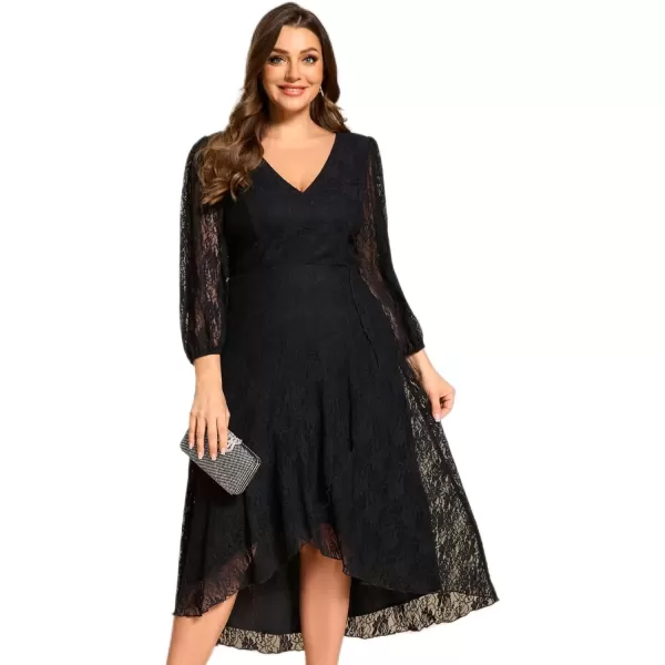 imageEverPretty Womens V Neck Lace Fall Winter Formal Dresses Plus Size Midi Wedding Guest Dresses with Lantern Sleeves 02238DABlack